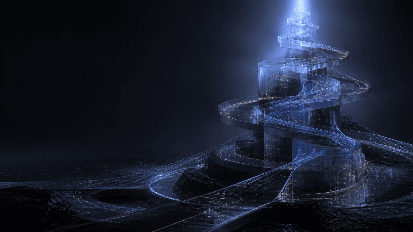 Abstract glass architecture rising toward a luminous summit