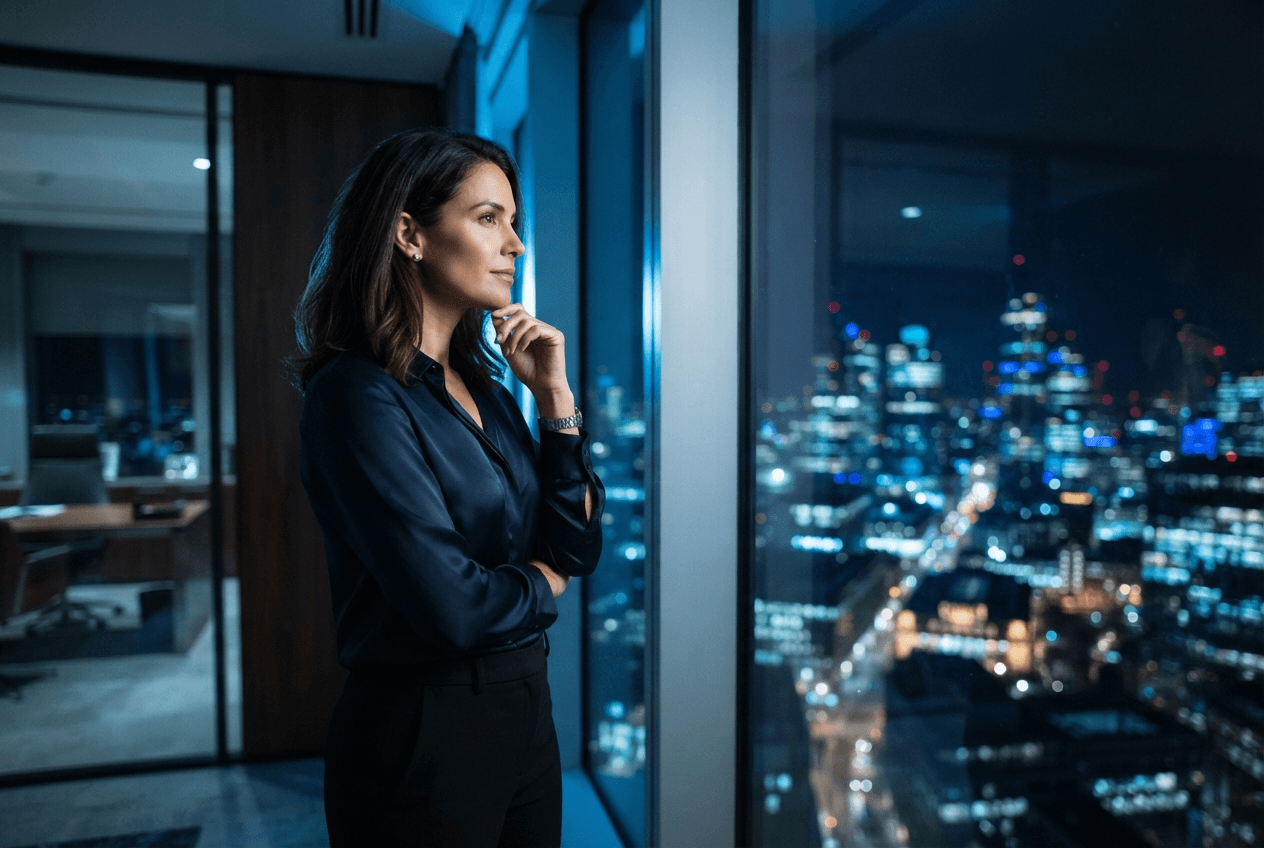 Business leader considering a strategic decision in a refined workspace