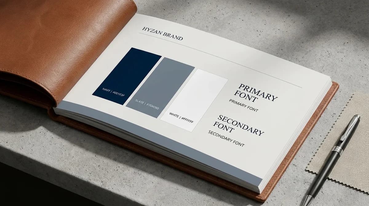 Premium brand identity system arranged on a dark surface