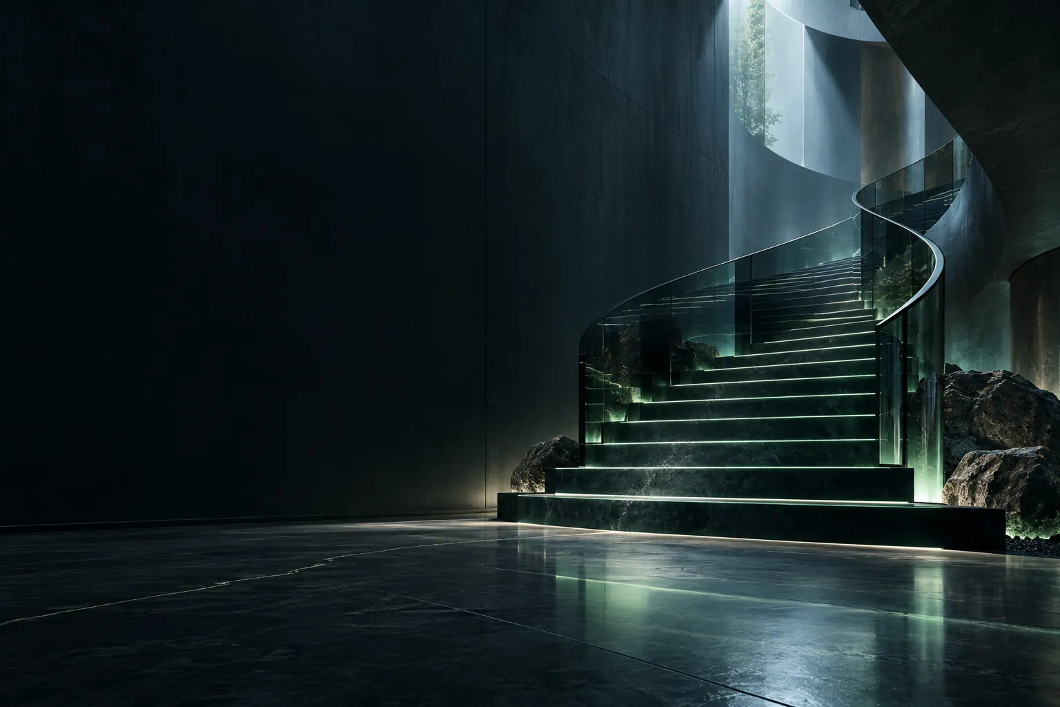 Conceptual stone and smoked-glass staircase rising into cool daylight