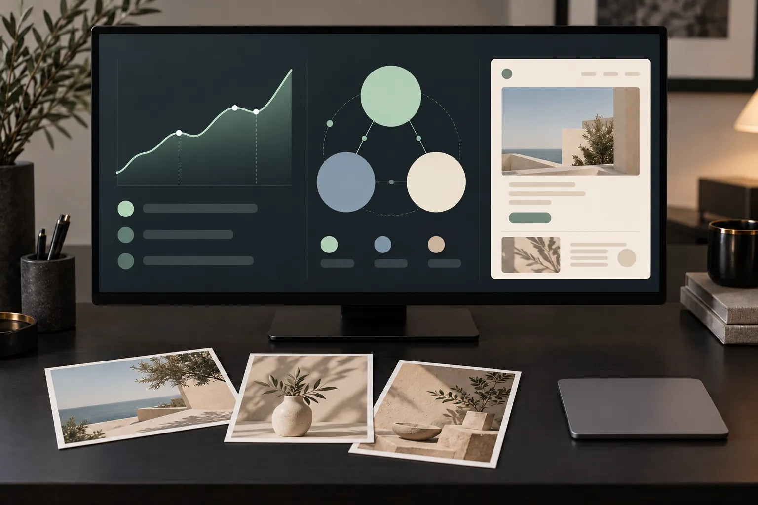 Conceptual campaign workspace with unlabelled planning graphics and creative photo cards