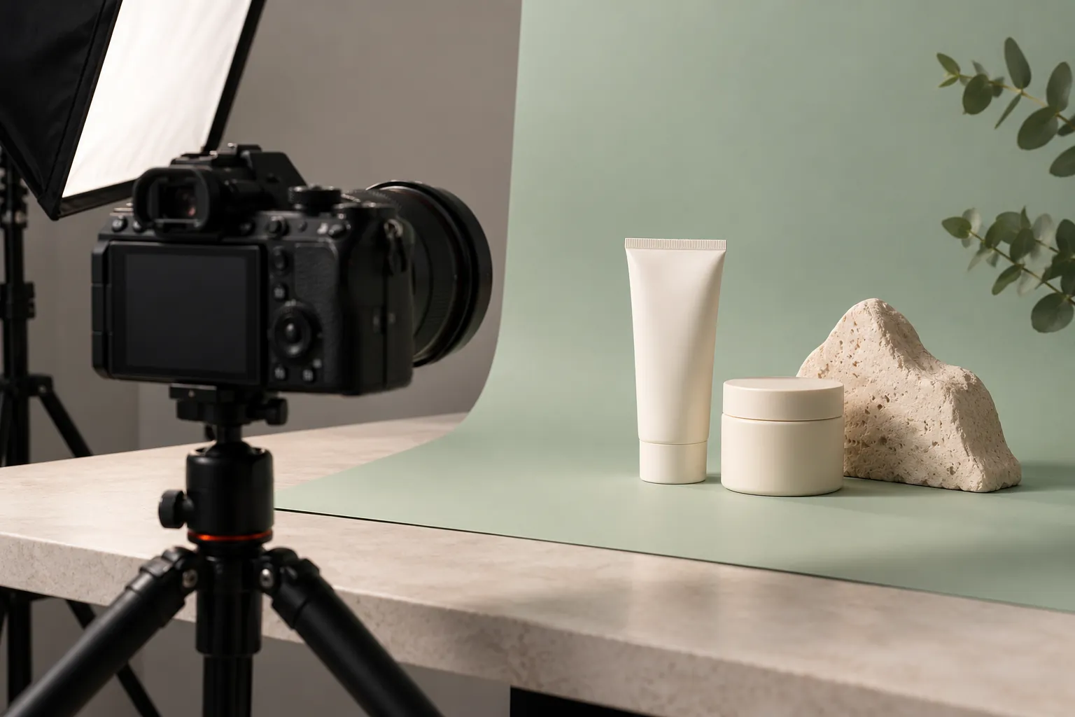 Camera and softbox arranged around a product photography set with a mint backdrop