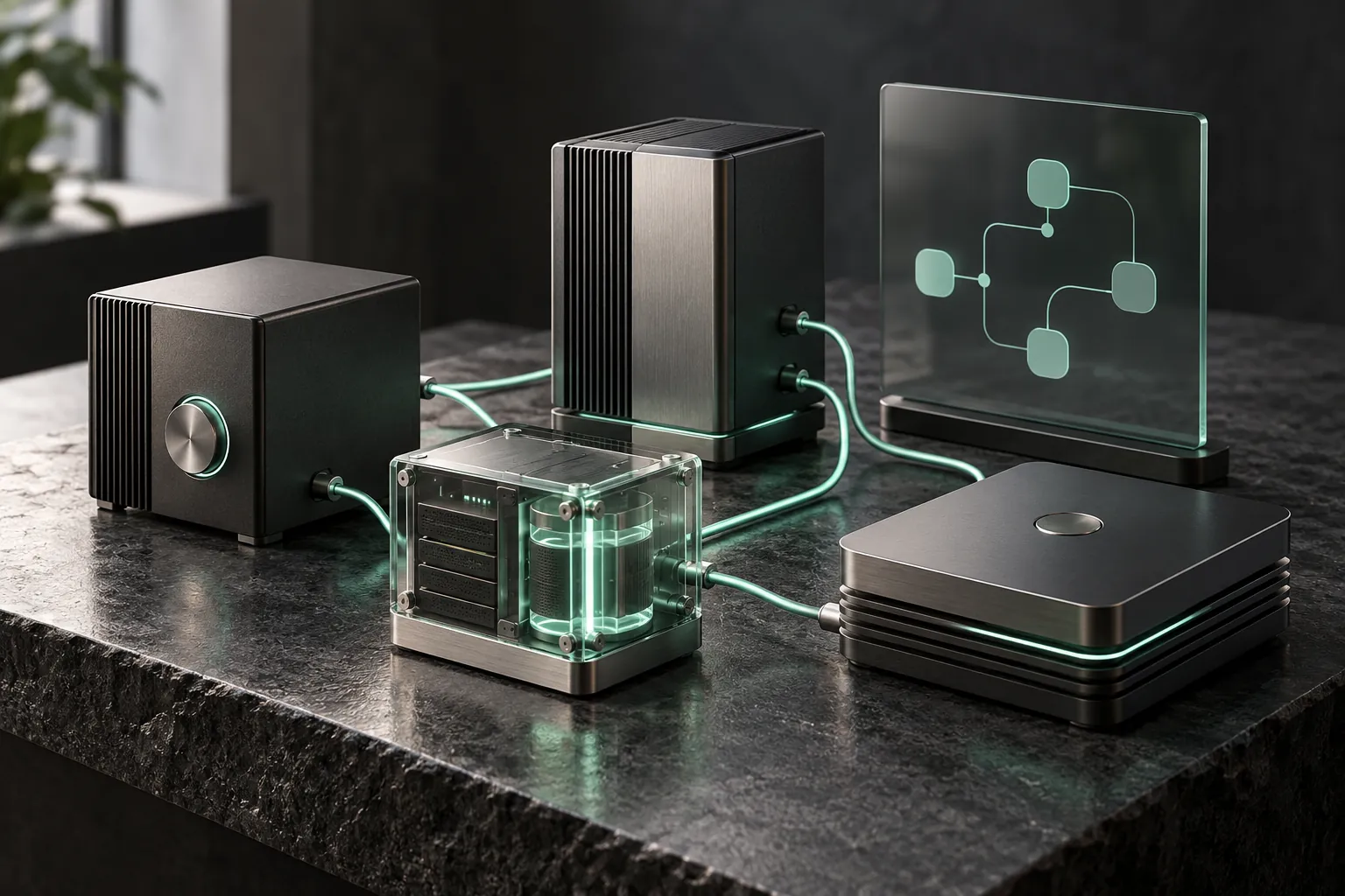 Conceptual business automation represented by physical modules connected with mint cables