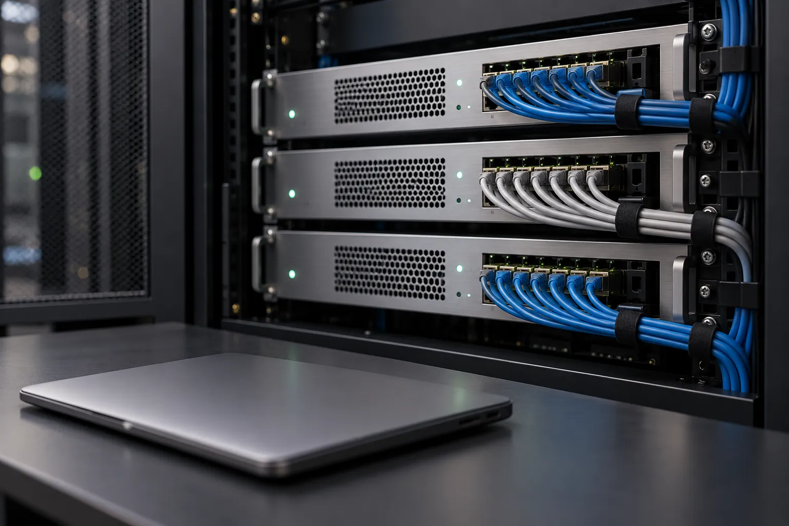 Organised website hosting hardware with rack units, network cables and a laptop
