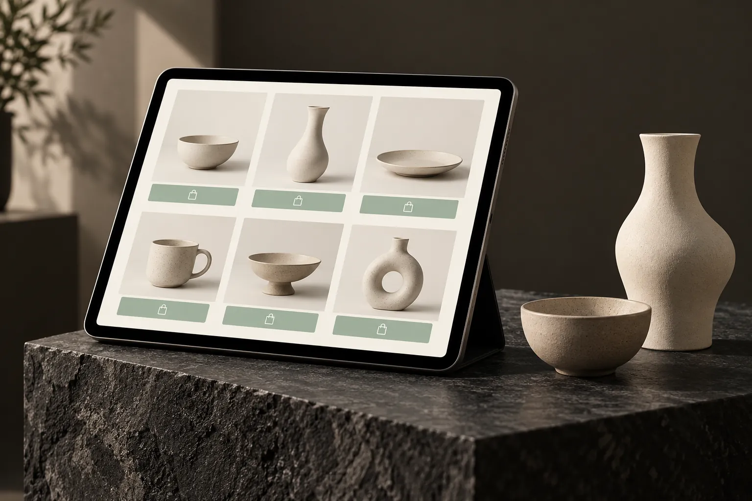 Conceptual online ceramic store on a tablet beside physical ceramic products