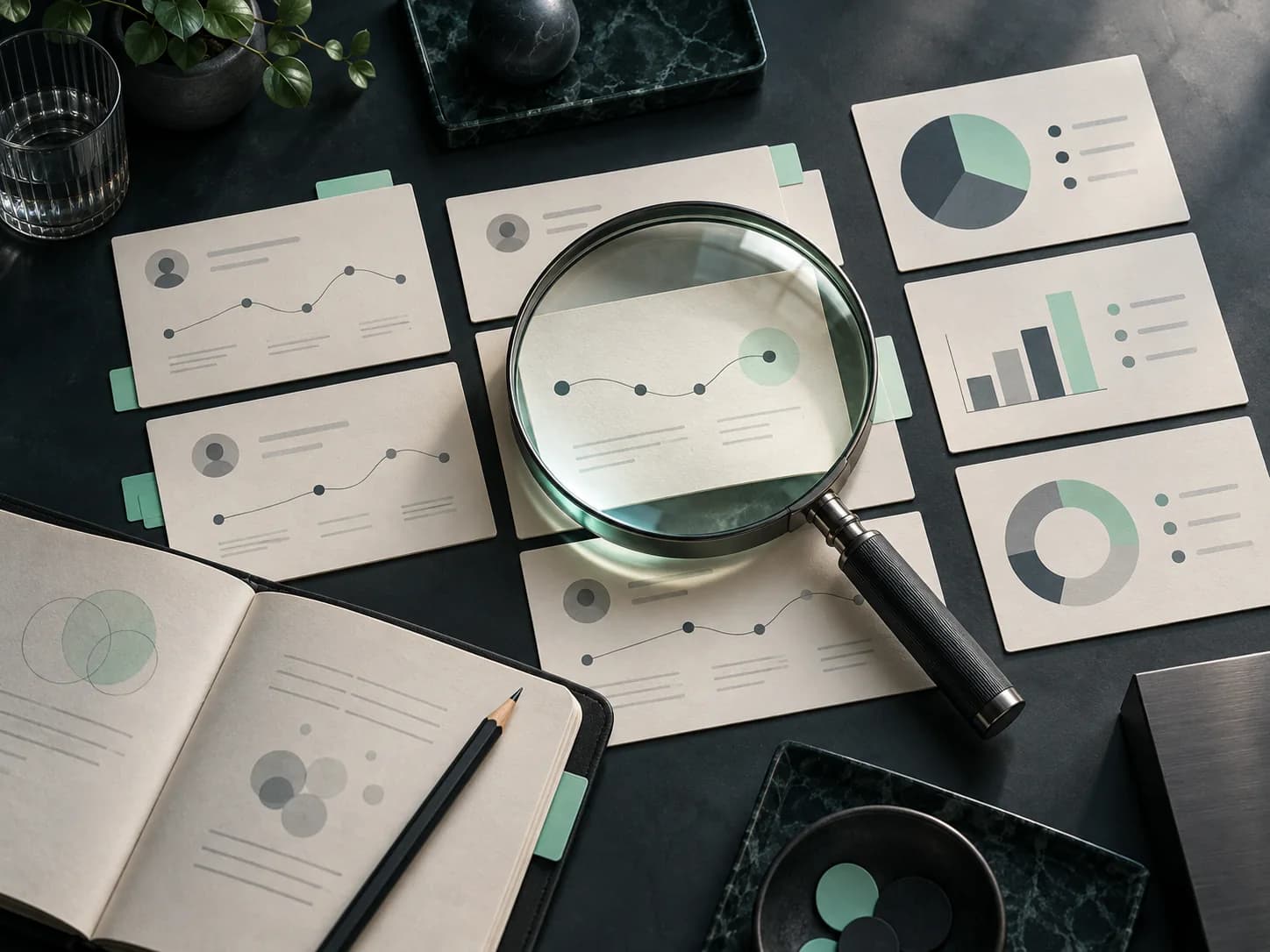 Conceptual discovery research table with a magnifying lens, audience cards and a notebook