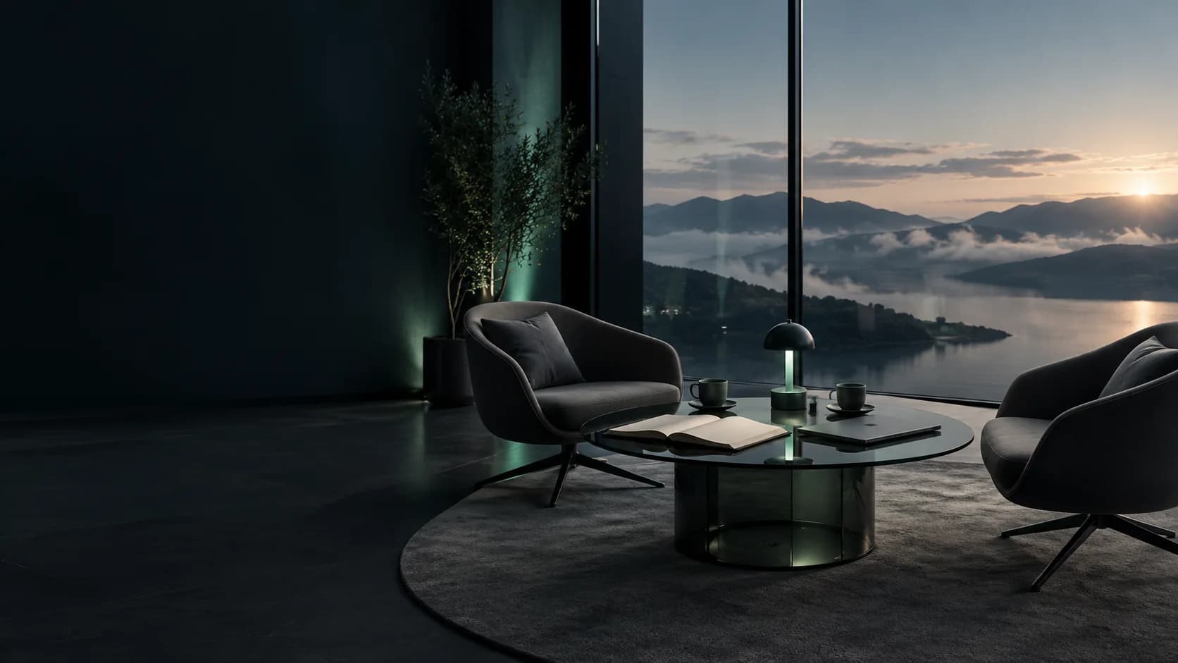Conceptual consultation space with two chairs, notebooks and cups beside smoked glass
