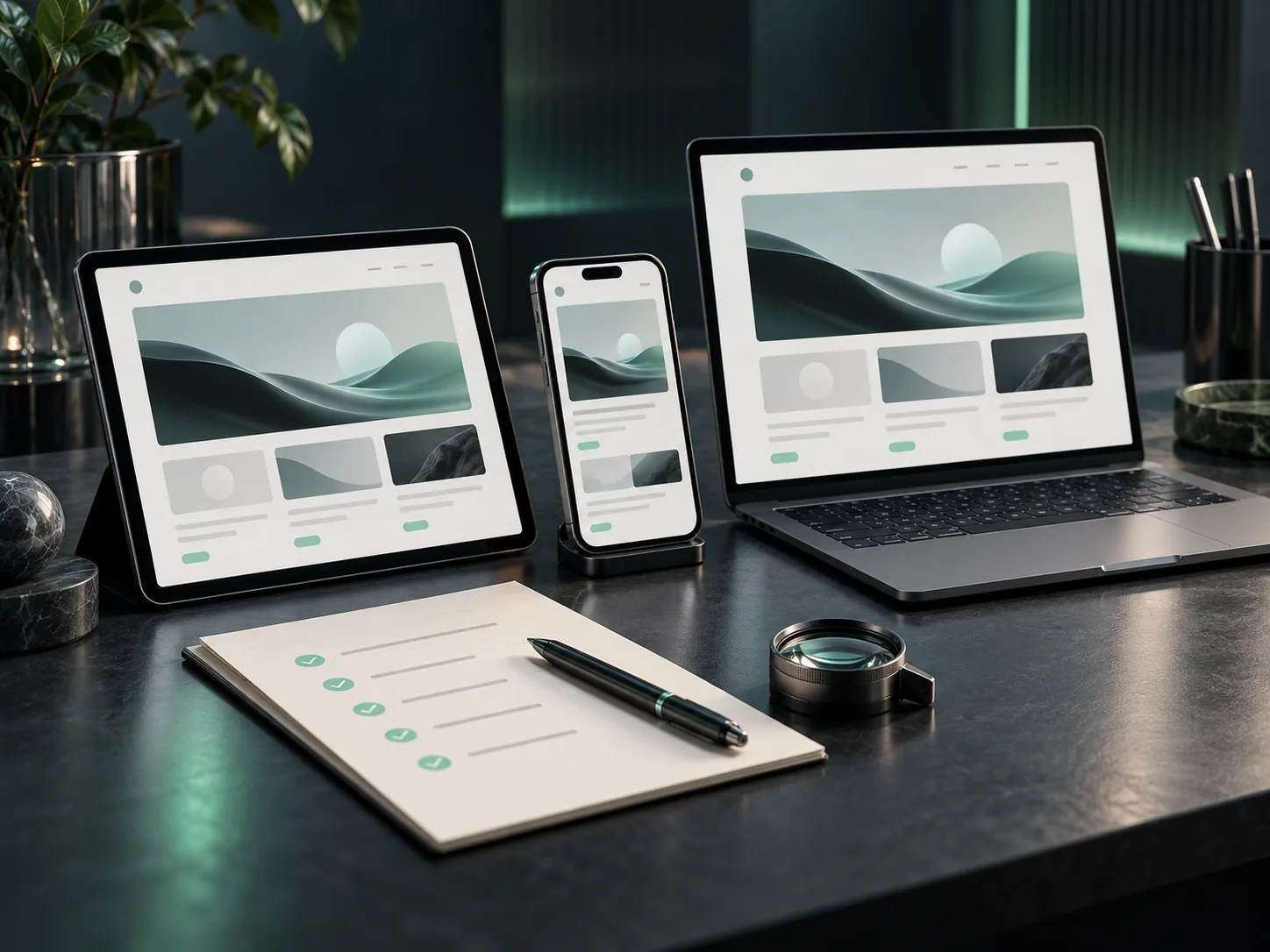 Conceptual quality-assurance bench comparing a responsive interface on a laptop, tablet and phone