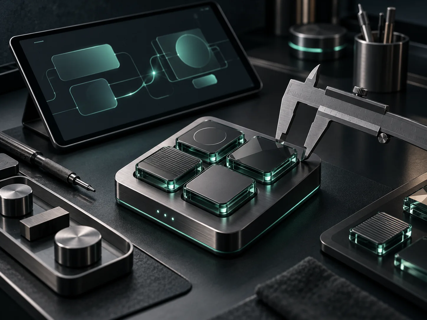 Conceptual precision engineering bench with a modular control surface, tablet and caliper