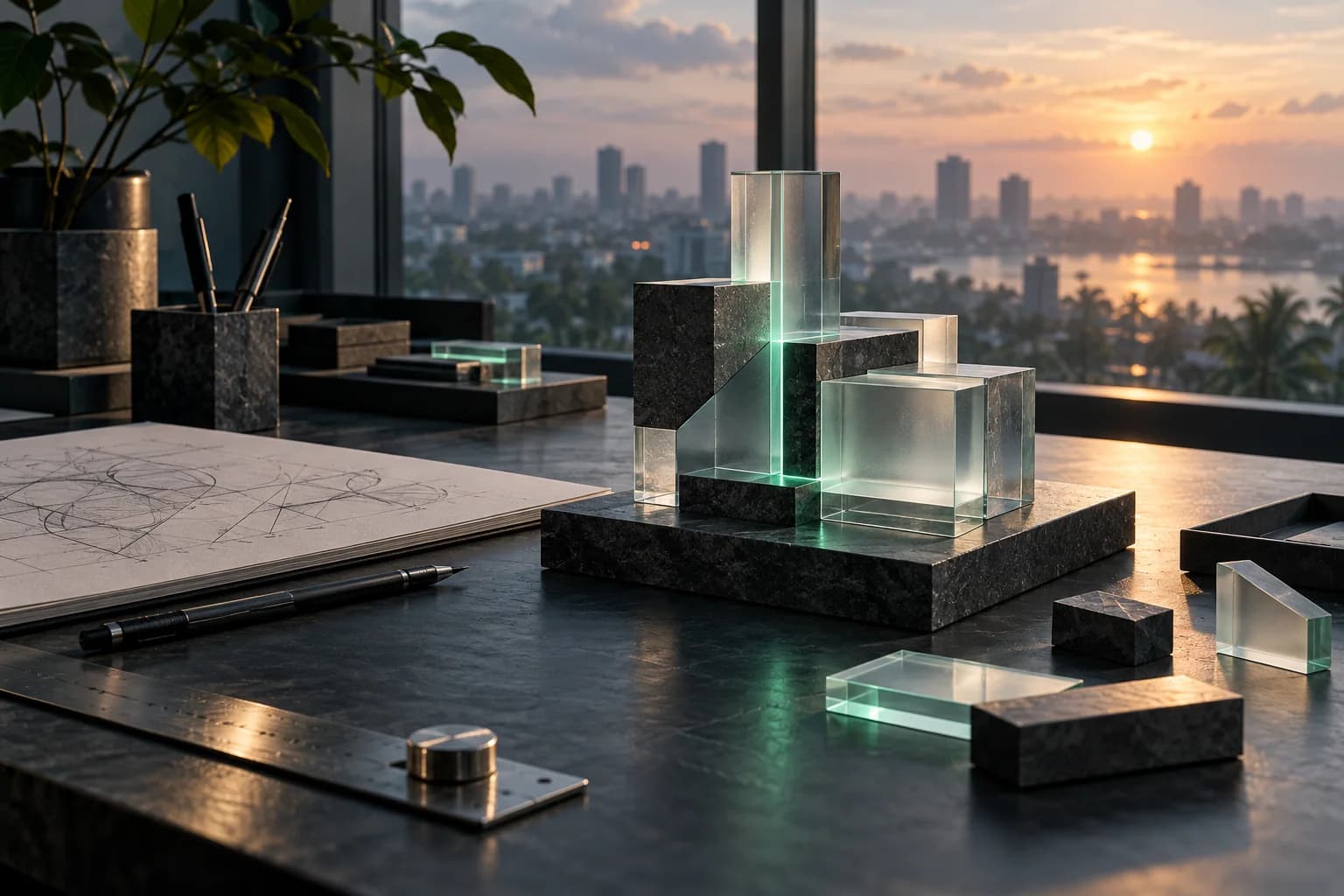 Conceptual studio workbench with sketches and an emerging glass structure in soft tropical dawn light, representing Hyzan Tech's beginnings